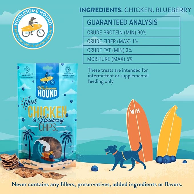 Chicken & Blueberry Chips – 2 Simple Ingredient Dog Treats, All Natural & Healthy Training Snacks for Small, Medium & Large Breeds, Puppies – High Protein, Made in US, 7oz
