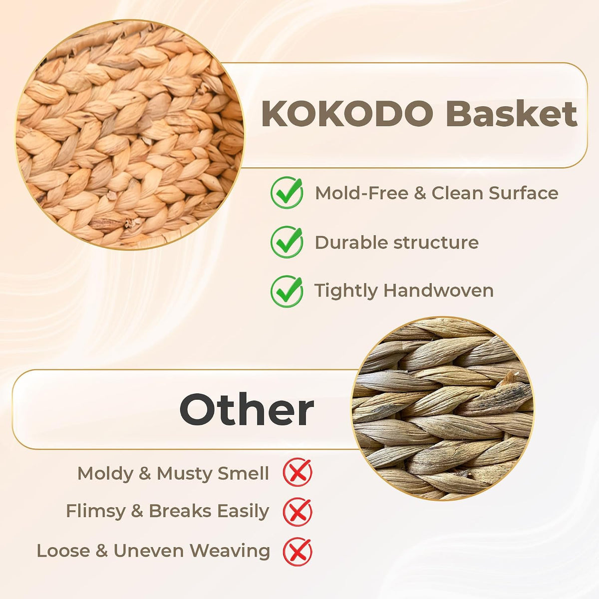 KOKODO Rectangular Wicker Storage Baskets for Shelves, Set of 3 Water Hyacinth Woven Bins with Handles, Open Front Pantry Shelf Organizer for Closet, Bedroom, Boho Decorative, Natural