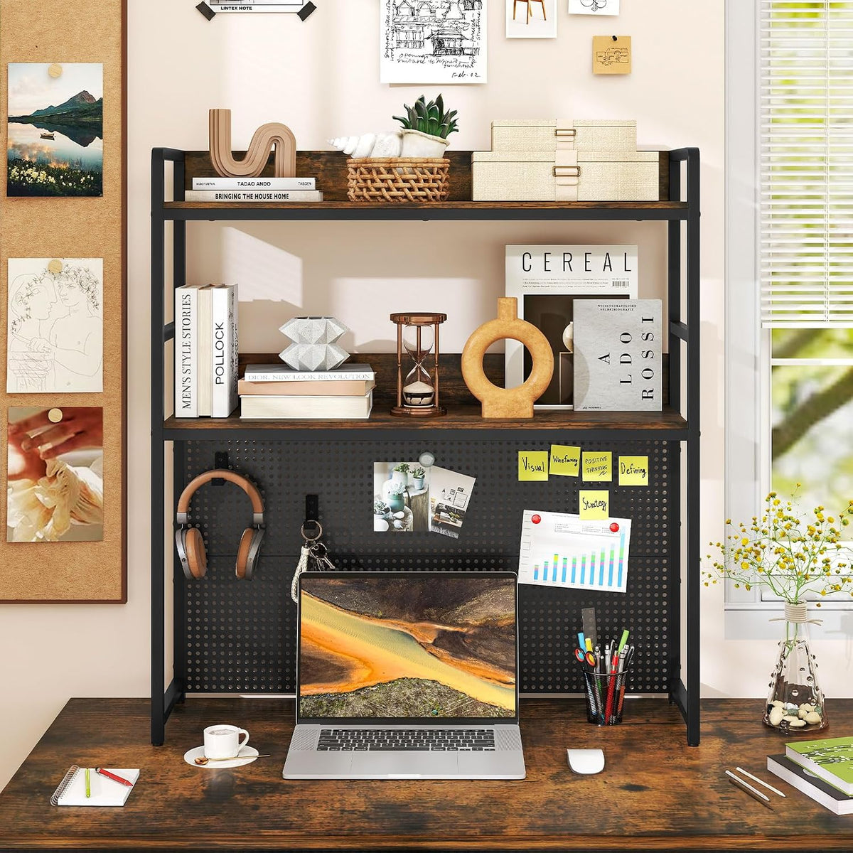 GIANTEX Desktop Bookshelf, 2-Tier Desk Hutch Dorm with Pegboard for up to 32" Computer Monitor, Industrial Countertop Storage Organizer Rack, Desk Shelf for Home Office, Rustic Brown