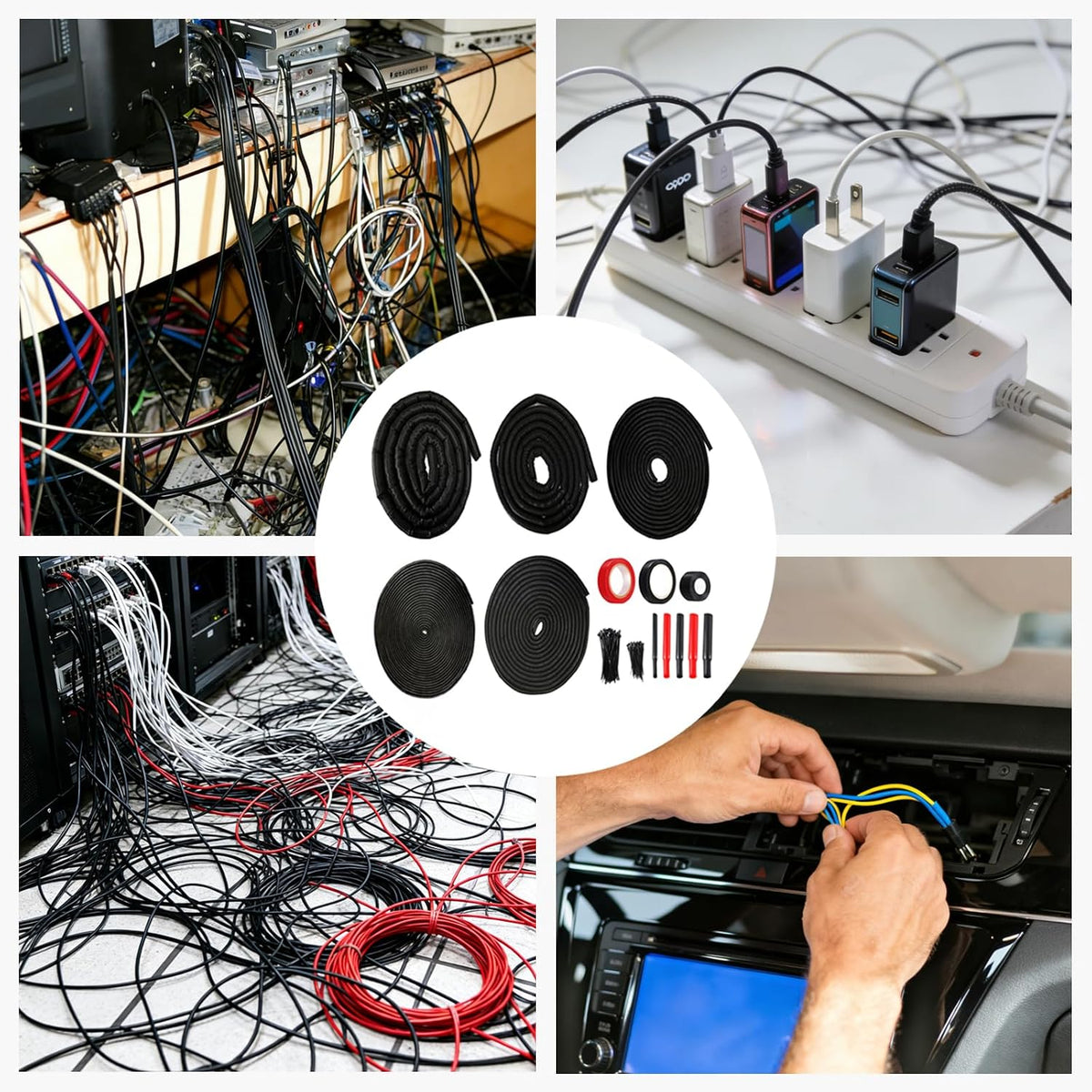 Split Wire Loom Kit for Cable Management, High Temperature Resistant Split Loom Tubing for Auto Wiring Protection, Pet & Rodent Proof Cord Organizer with Heat Shrink Tubing, Silicone Tape & Ties