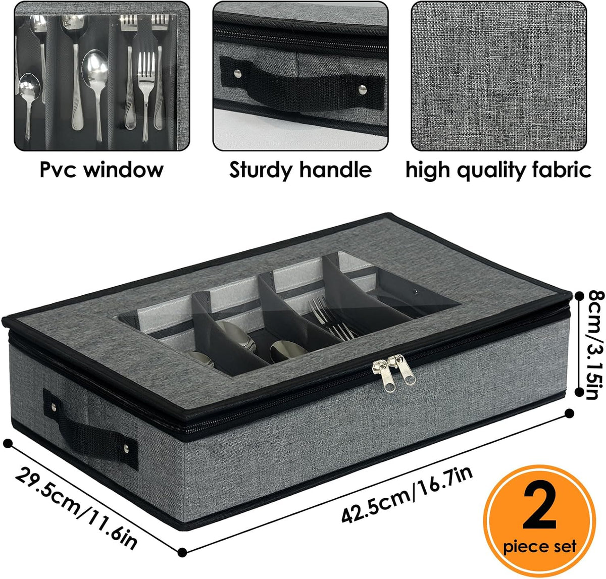 Silverware & Flatware Storage Organizer with Lid, 2 Pack Gray