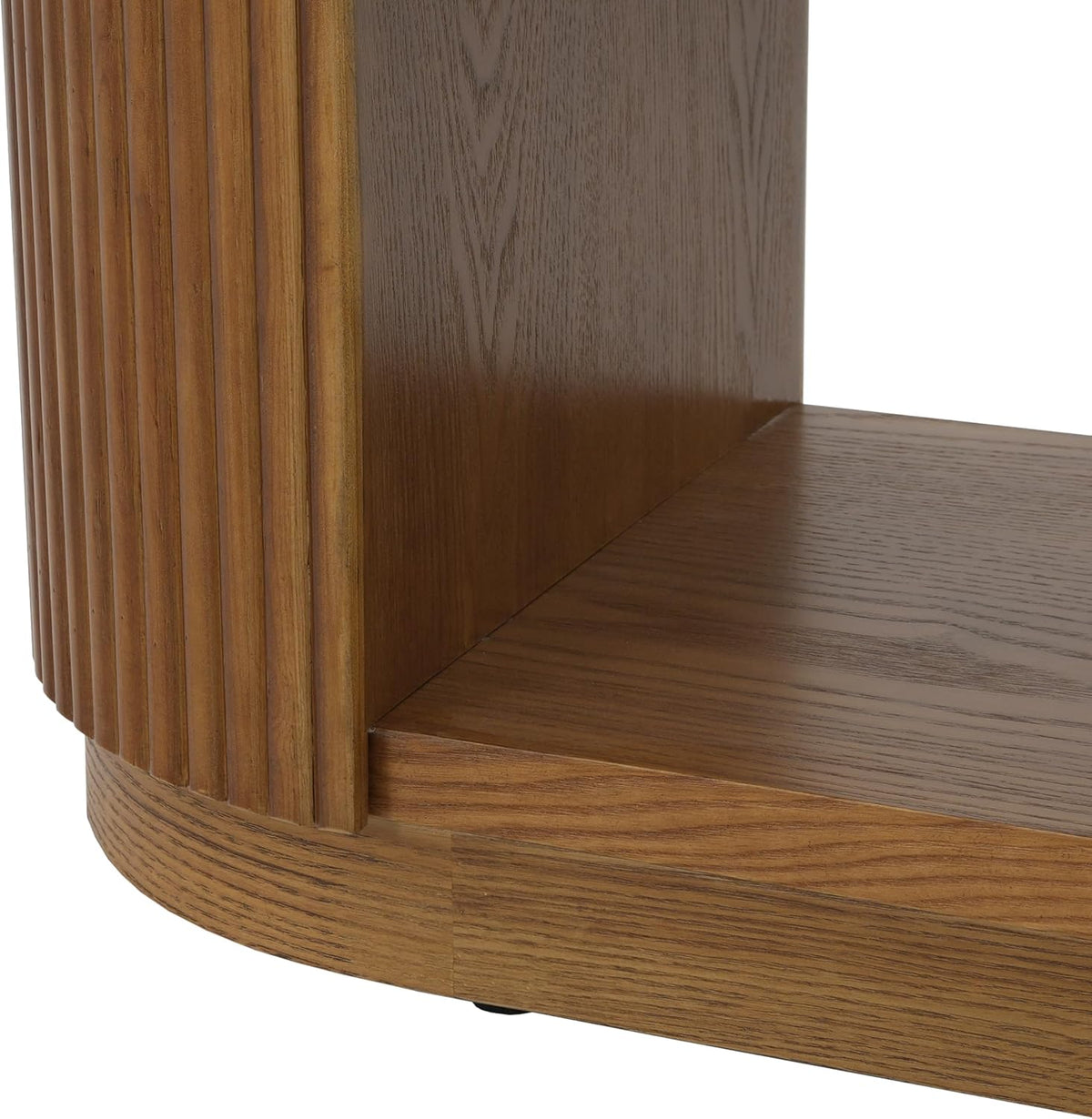 Modern Curved Console Table for Entryway, Farmhouse Solid Wood Fluted Sofa Table with Open Shelf & Elegant Wood Grain, Oval Long Foyer Table for Entry Way Hallway Living Room-58.9" Brown