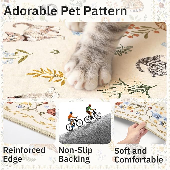 Soalmost Cat 4x6 Area Rugs, Machine Washable Animal Floral Accent Rug Non-Slip