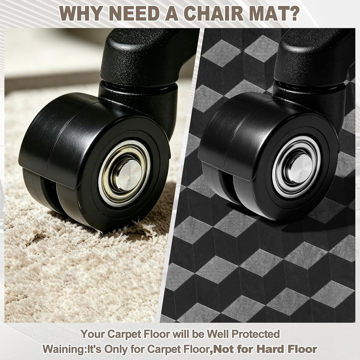 Chair Mat for Carpeted Floor, 3D Visual Black Gaming Chair Mat for Low Pile Carpets, 48"x30" Studded Bottom Carpet Protector, Non-Slip Floor Mat for Rolling Chairs, Home Office & Gaming Room