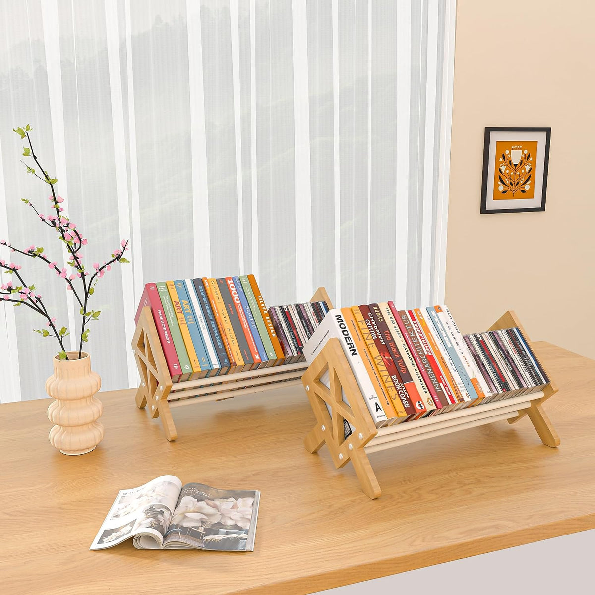 Desktop Bookshelf Organizer, Wood Office Tabletop Book Storage Rack, Tilting Bookcase for Books/CDs/Magazine Display (2 Packs White)