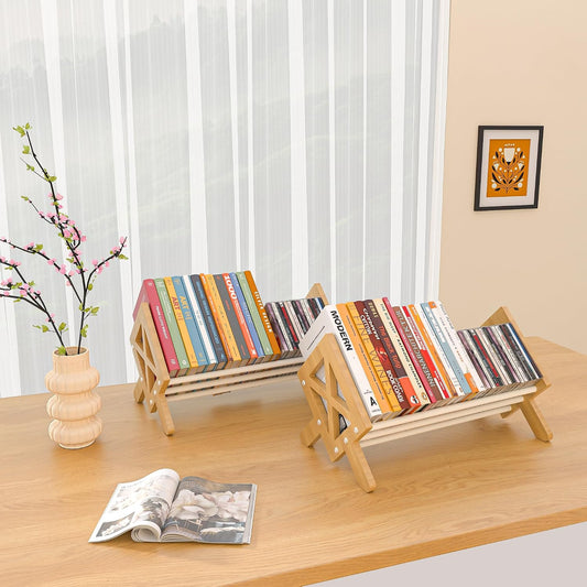 Desktop Bookshelf Organizer, Wood Office Tabletop Book Storage Rack, Tilting Bookcase for Books/CDs/Magazine Display (2 Packs White)