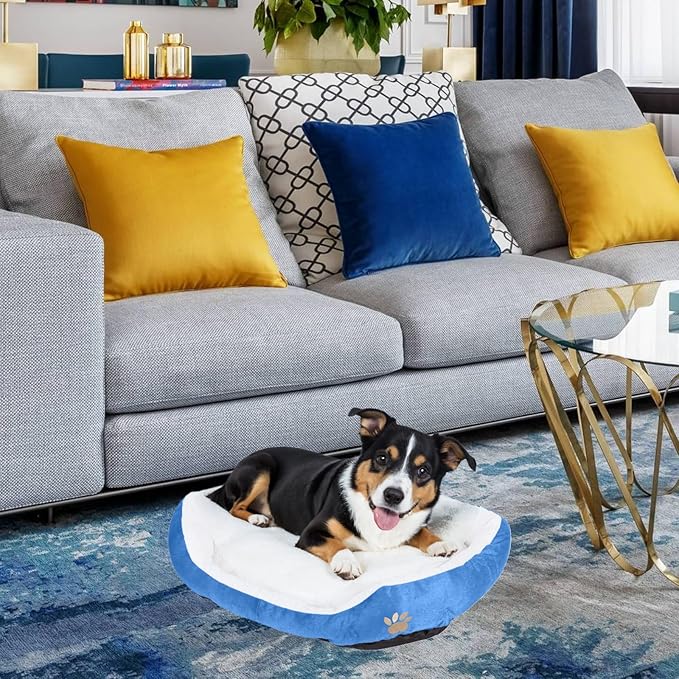 Round Dog Cat Beds Mattress Washable Pads Room, Soft Durable Plush Faux Fur Sleeping Pet Fleece Bed Mat for Small Doggy Kitten Puppy, with Anti-Slip Waterproof Bottom (Blue)