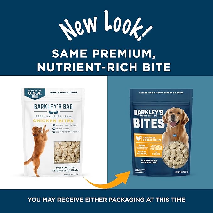 Barkley’s Bag Chicken Bites, Freeze Dried Dog Treats & Food Topper, Made with Chicken and Brown Rice, Small Bite-Sized Pieces for Training Rewards, for All Dog Breeds, Ages & Sizes, 4 Oz Bag (1 Pack)