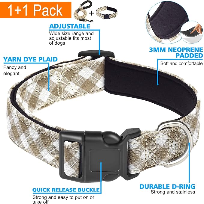 Reflective Dog Collar Padded with Soft Neoprene Breathable Adjustable Nylon Dog Collars for Small Medium Large Dogs (Large (Pack of 1), Vanilla Plaid Collar+Leash)