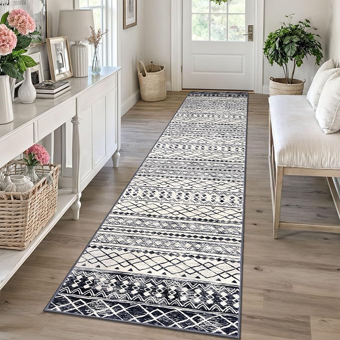 KUTA Moroccan Washable Runner Rug, 2x10 Non-Slip Vintage Black Navy Blue Boho
