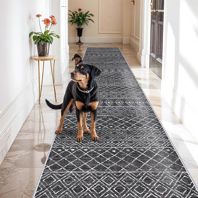 Black Moroccan Washable 3x16 Long Hallway Runner Rug | Soft Low Pile Thin