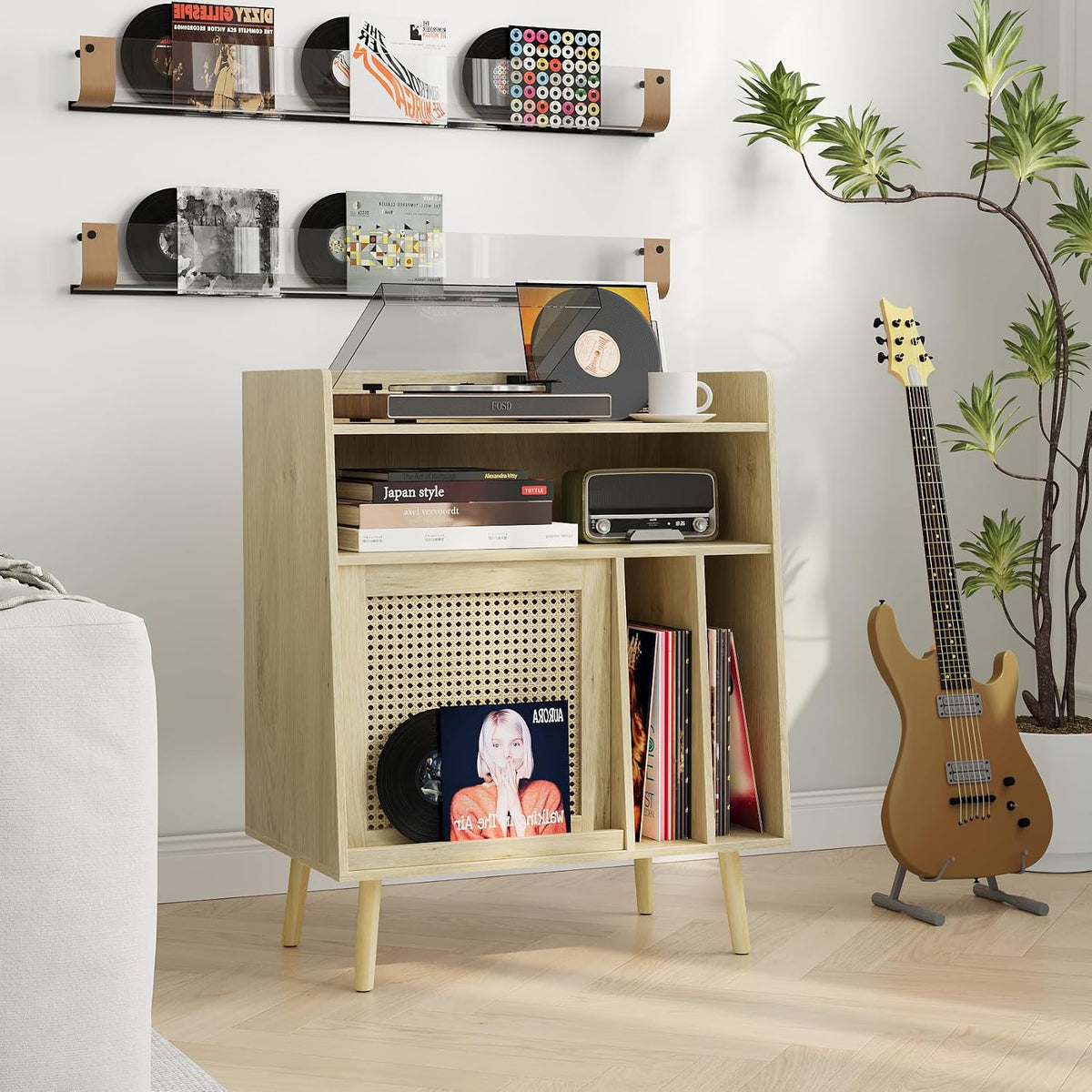 Semiocthome Record Player Stand with Vinyl Storage, Record Player Table with Storage Shelf, Turntable Stand with Rattan Cabinet Door, Side Table with Solid Wood Legs for Turntables for Living Room