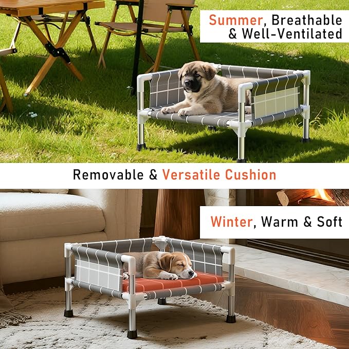Elevated Dog Bed with Three-Sided Fence and Removable Cushion - Anti-Slip Feet, Stable Design, Easy Assembly, Indoor Relaxation & Outdoor Activities for Small Dogs, All-Season Comfort