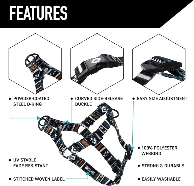 Wolfgang Heavy Duty Adjustable Dog Harness, Pull-Tested to Over 800 lbs for Walking & Training, NewMoon Print, Medium