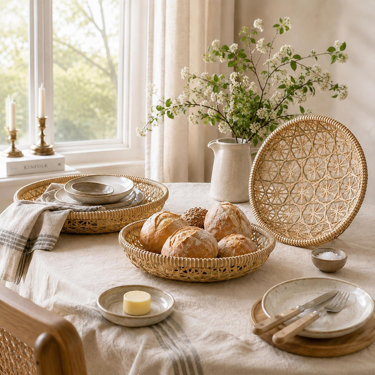 Handwoven Bamboo Basket Set of 3, Round Nesting Bread & Fruit Baskets, Natural Spiral Weave, Decorative Serving Baskets for Table & Home Decor (Lattice Natural Olive)