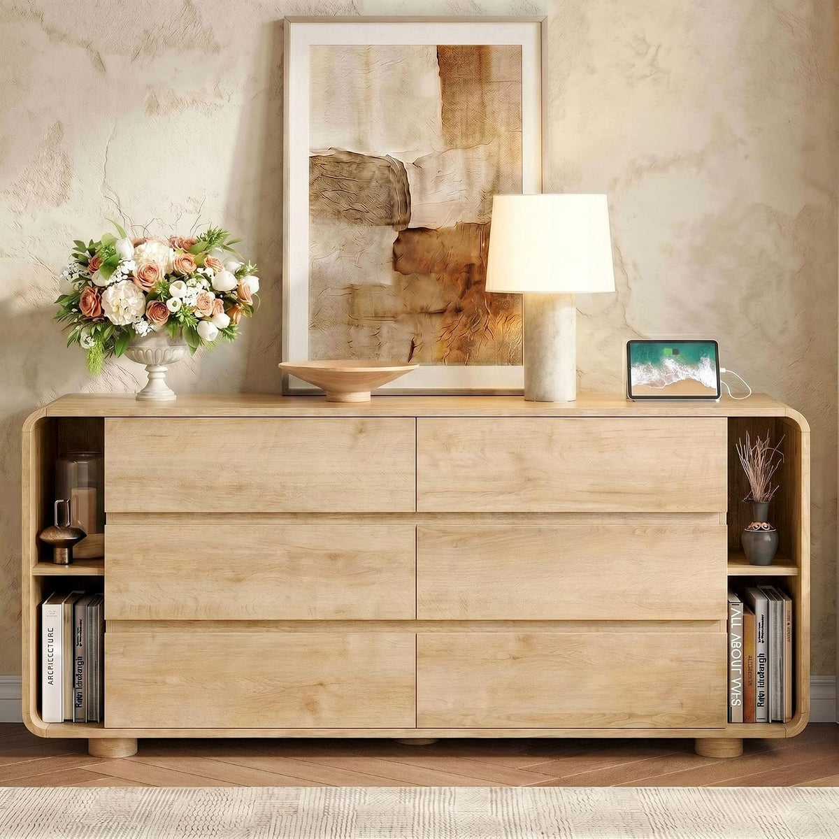 Whalefall 63 Inch 6 Drawer Dresser with Shelves Rounded Corner, Natural Oak