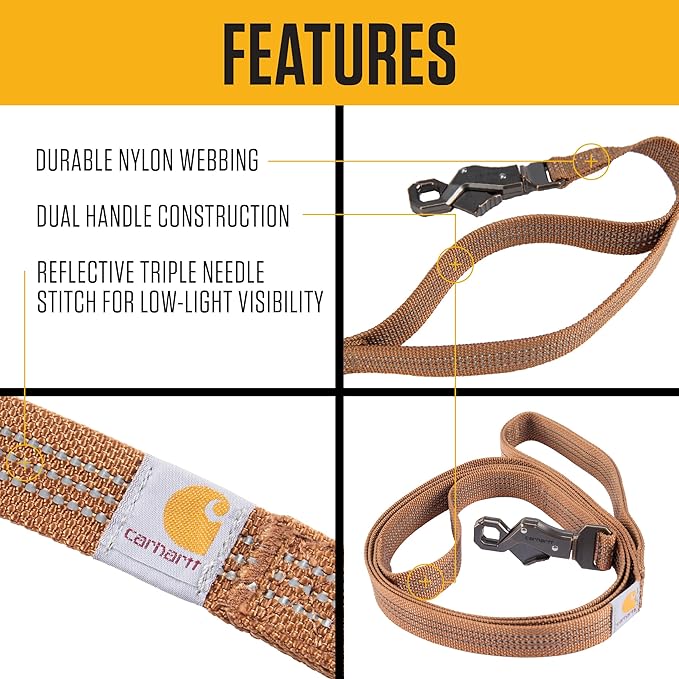 Carhartt Dual Handle Dog Leash, Durable Nylon Webbing Fabric W/Secure Metal Trigger Claw Clasp, Hunter Orange, Large