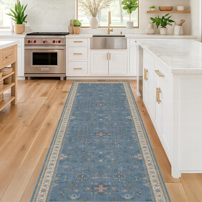 Boho 2'6"x10' Wide Runner Rugs for Hallway Non Skid- 10ft Light Blue Washable