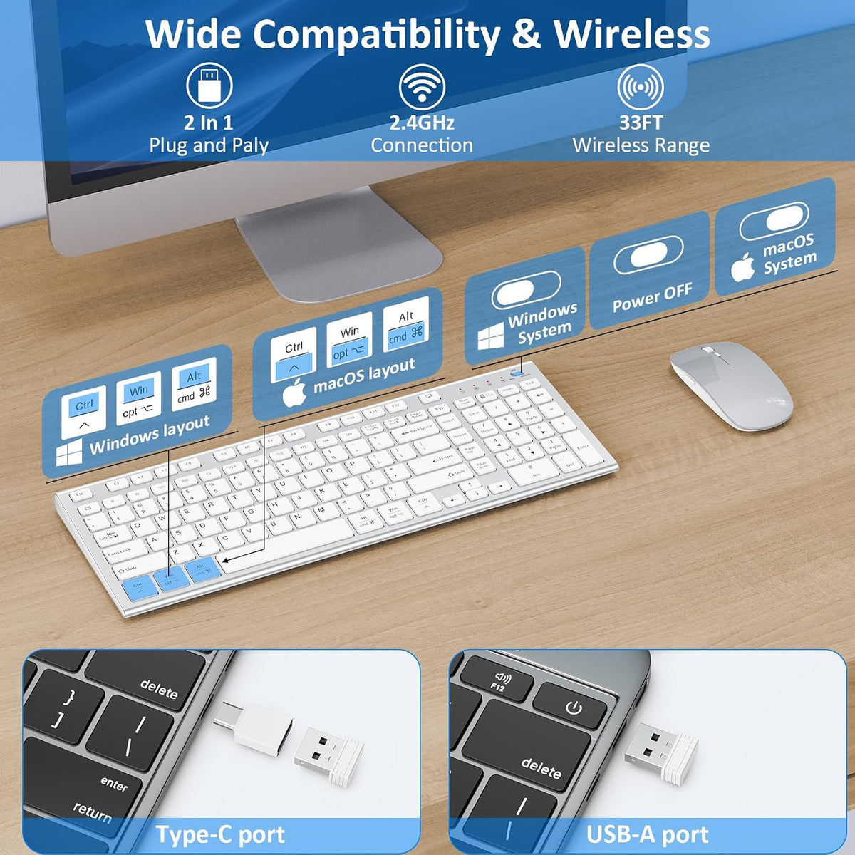 Keyboard and Mouse Wireless, Slim Flat Silent Quiet White Silver