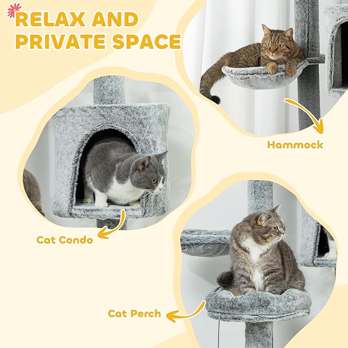 PawHut Floor to Ceiling Cat Tree, 89"-100" Adjustable Height Cat Climbing Tower Activity Center for Indoor Cats with Cat Perch, Condo, Hammocks, Scratching Posts & Ramp, Gray