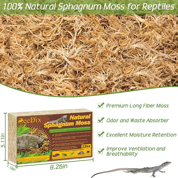 ZeeDix 12OZ Premium Sphagnum Moss for Reptiles, 20QT Dried Moss for Terrarium Long Fibered Leopard Gecko Moss Natural Sphagnum Peat Moss Bedding for Frogs Anoles Snake Turtle Plants