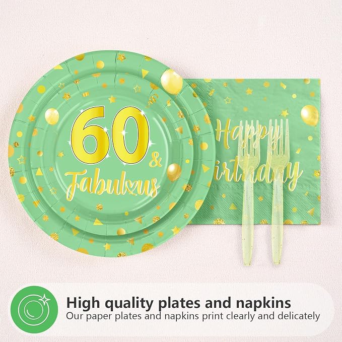 96 Pcs Sage Green Gold 60th Birthday Decorations Serves24 | 60th Birthday