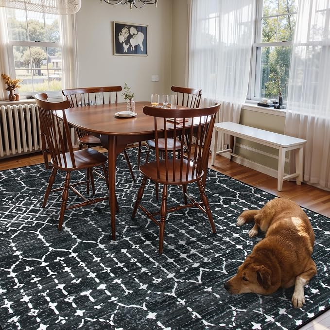Lahome Moroccan Black 9x12 Rug for Living Room, Washable Non-Slip Ultra-Thin