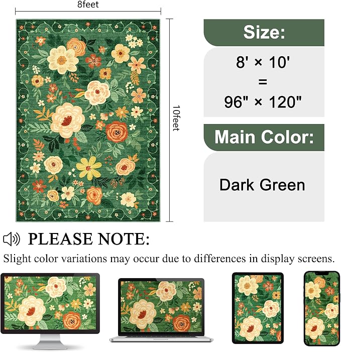 DUKINO 8x10 Area Rug, Floral Rugs