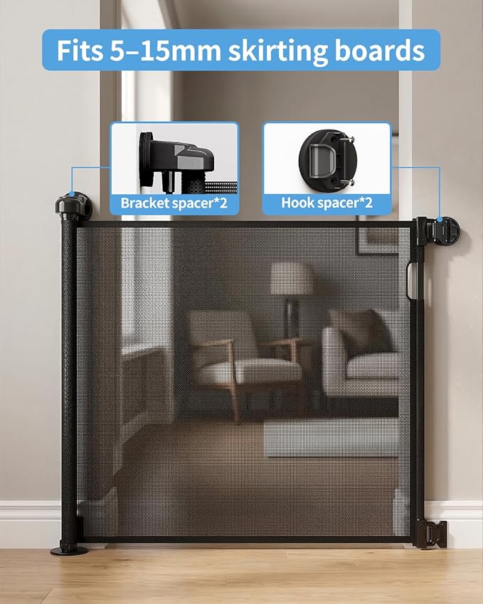 Retractable Baby Gate for Doorways and Stairs, Mesh Safety Gate for Pet, Indoor & Outdoor Use, One-Hand Operation, Easy Installation, 33.6" Tall, Expands to 55" Wide（Black,33.6"x55"