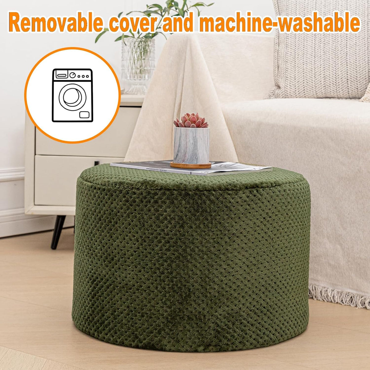 20"x14" Round Foam Stuffed Pouf Ottoman, Under Desk Footrest,Deep Green