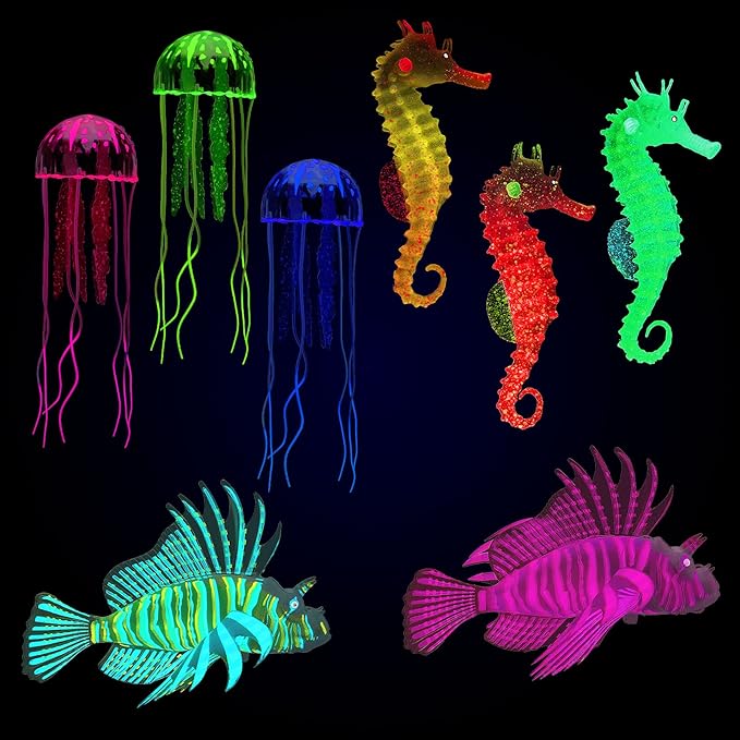 Patelai 8 Pcs Glow in The Dark Fish Tank Decorations Silicone Floating Artificial Jellyfish Fluorescent Lionfish Seahorse for Aquarium Decoration Small Large Fish Bowl Decor Accessories (Dreamy Color)