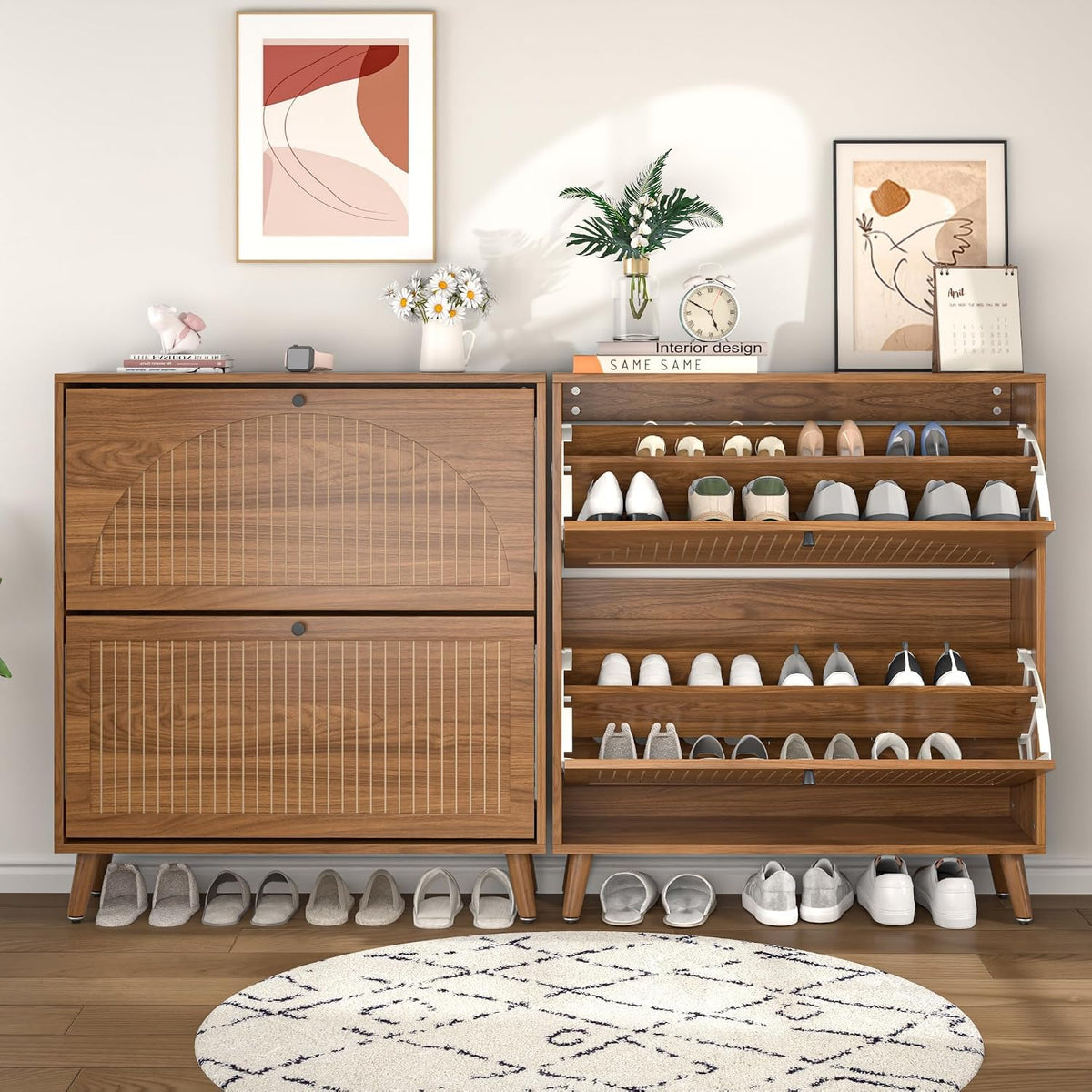 Fsbecl Shoe Cabinet Storage for Entryway with 2 Fluted Flip Drawers, Modern Freestanding Narrow Shoe Organizer with Adjust Shelves, Wooden Hidden Shoe Rack for Foyer, Hallway, Walnut