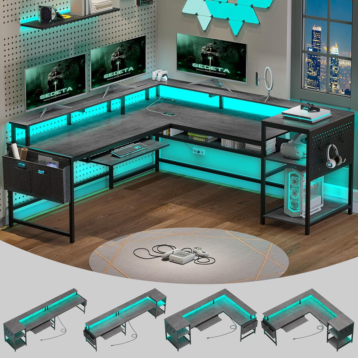 SEDETA L Shaped Gaming Desk, Convertible 96" Home Office Desk or Corner Desk, L Shaped Table with Power Outlets & LED Strip, Monitor Stand, Keyboard Tray, Pegboard and Storage Shelves, Grey