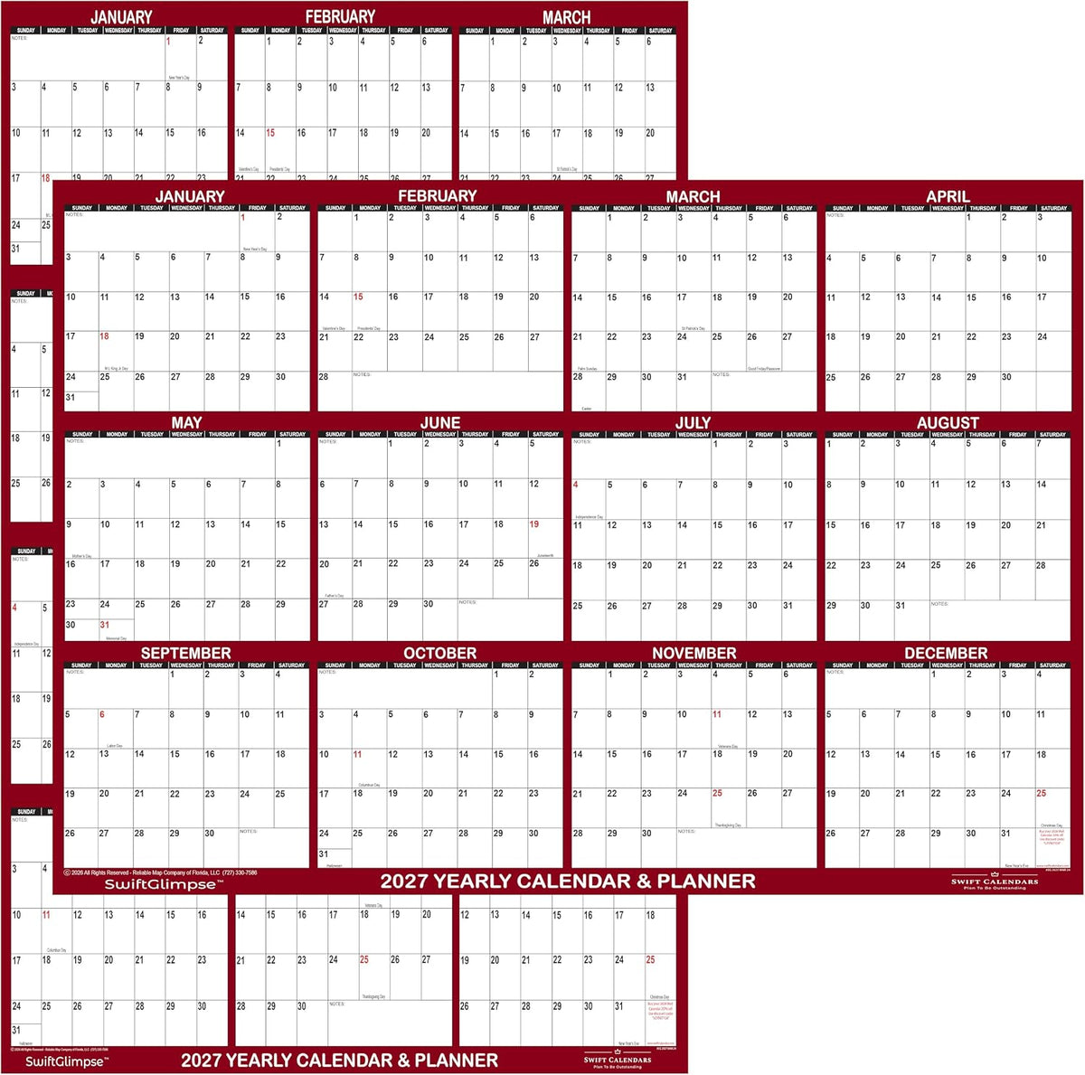 32" x 48" SwiftGlimpse 2027 Wall Calendar Erasable Large Wet & Dry Erase Laminated 12 Month Annual Yearly Wall Planner, Reversible, Horizontal/Vertical, Burgundy