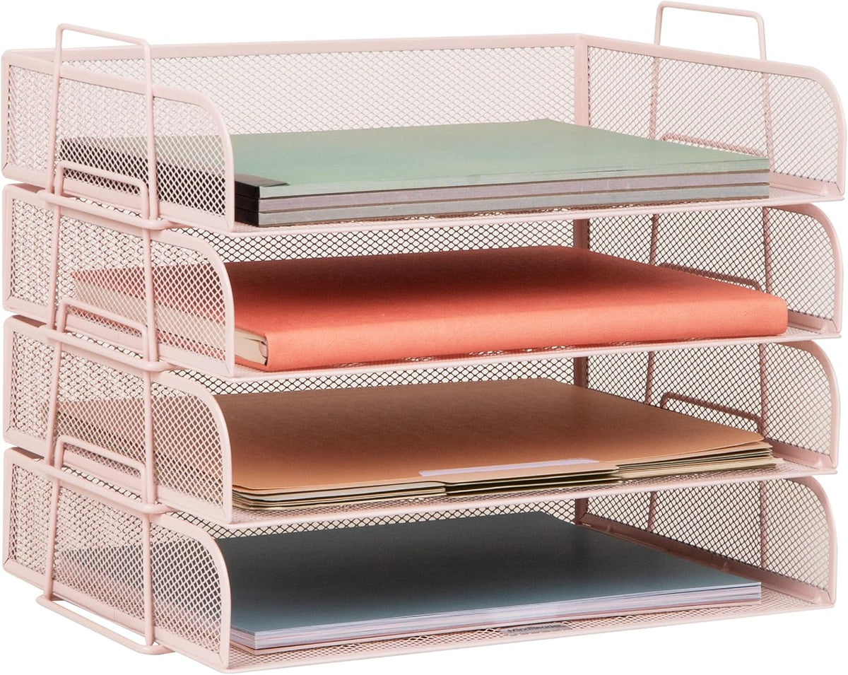 Mind Reader Stackable Paper Tray, Desktop Organizer, File Storage, Office, Metal Mesh, 4 Pcs., Pink