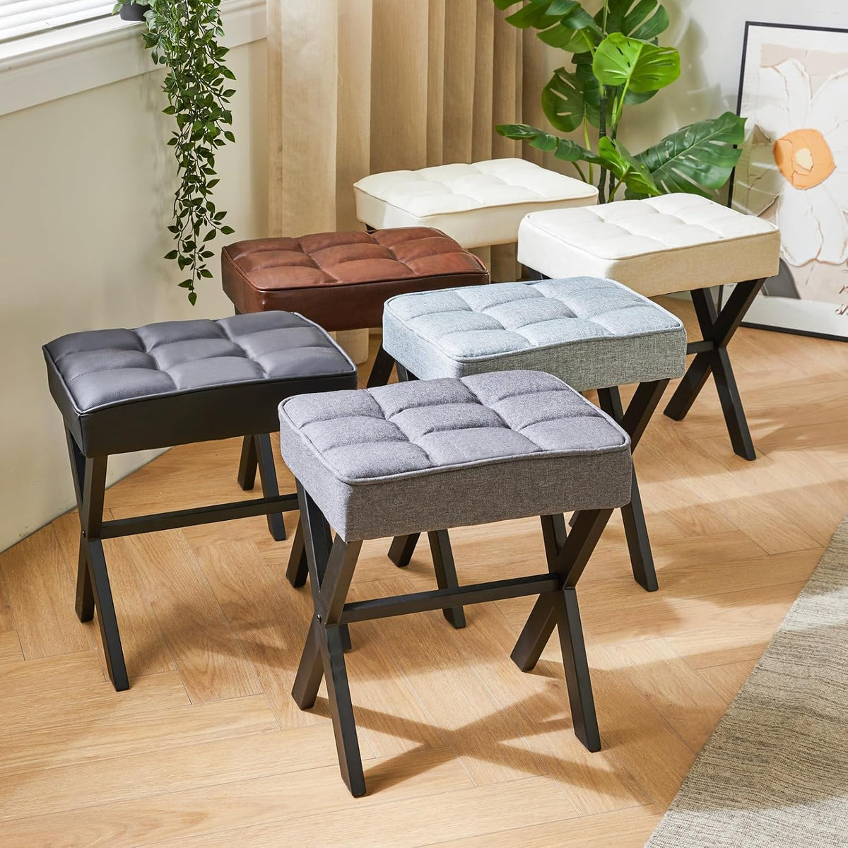 IBUYKE Square Makeup Stool with X-Leg, Linen Vanity Chair, Blue Gray LG-70L
