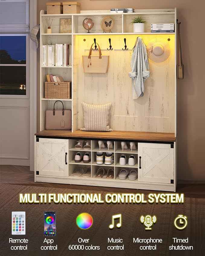 59.8" Hall Tree, LED Farmhouse Entryway Storage and Coat Rack Wood, Entryway