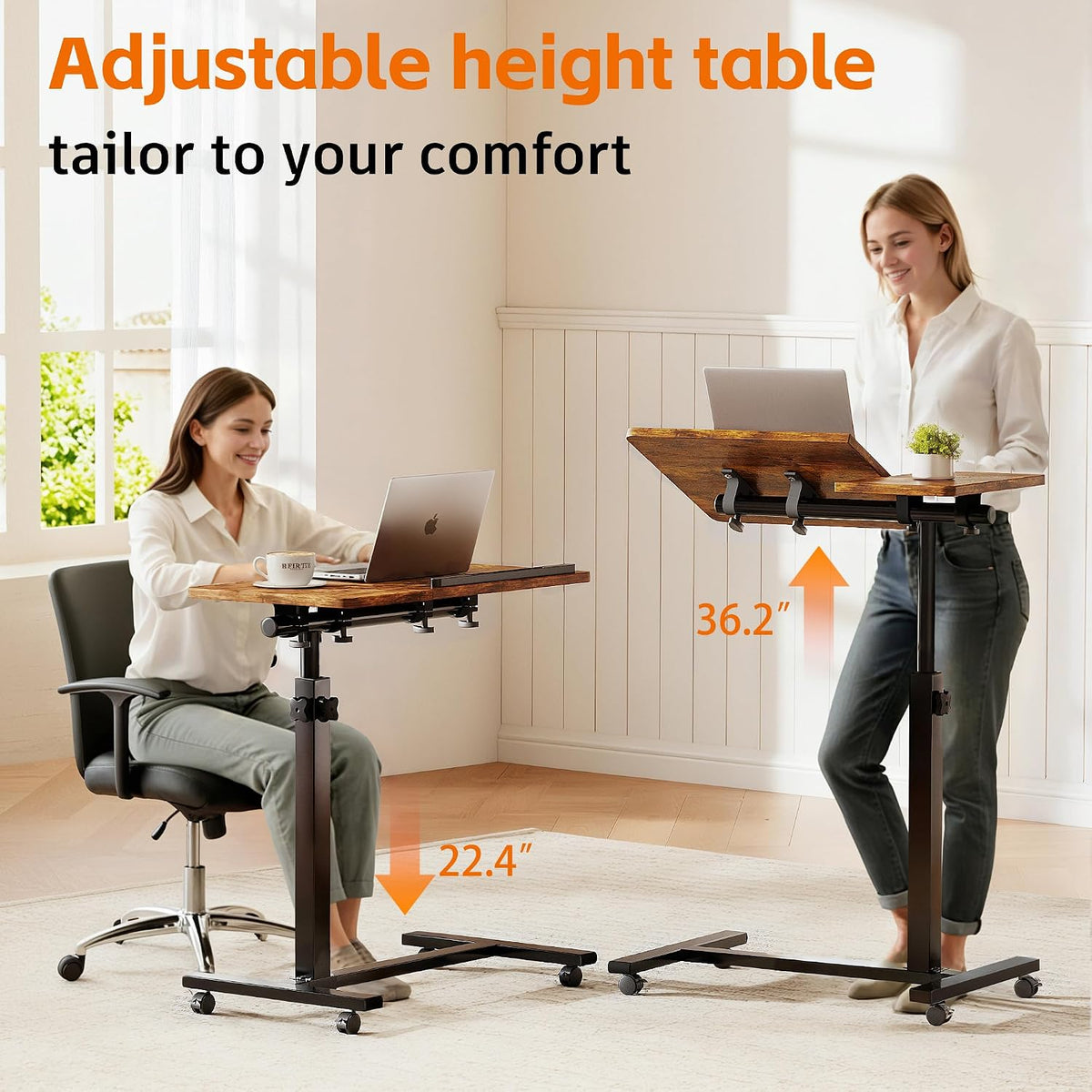 LINGMI Overbed Bedside Desk Mobile Rolling Laptop Stand Tilting Overbed Table with Wheels Height Adjustable Tray Table for Laptop Bed Sofa Side Table