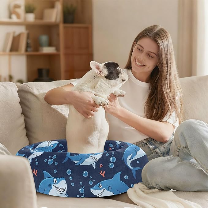 Burbuja Sharks Donut Pet Bed, Calming Soft Dog Bed with Anti-Slip Bottom, Round Cuddler Support for Dogs & Cats, Washable 13 in