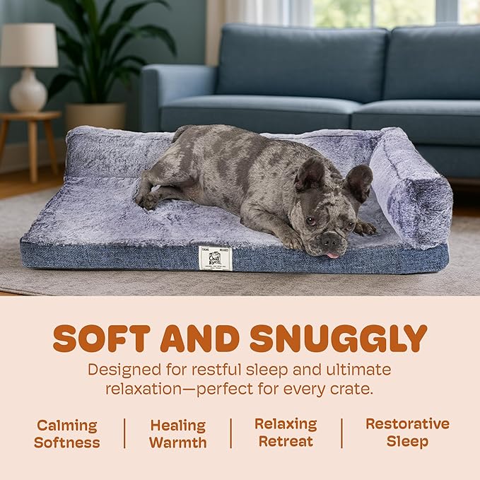 Dog Gone Smart Chill Kuzzi Dual Bolster Crate Pad - Washable Dog Bed Infused with Far Infrared Rays (FIR) - Supportive Plush Cushion for Crates, Travel, and Recovery - Slate Grey, Large 22 x 35 Inches