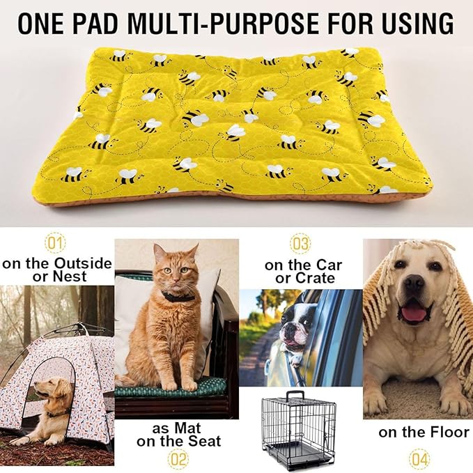 Emelivor Bees Yellow Dog Cat Bed Washable Crate Pet Bed Anti-Slip Comfortable Breathable Crate Kennel Pad for Indoor Small Medium Large Dogs Cats,36x24in
