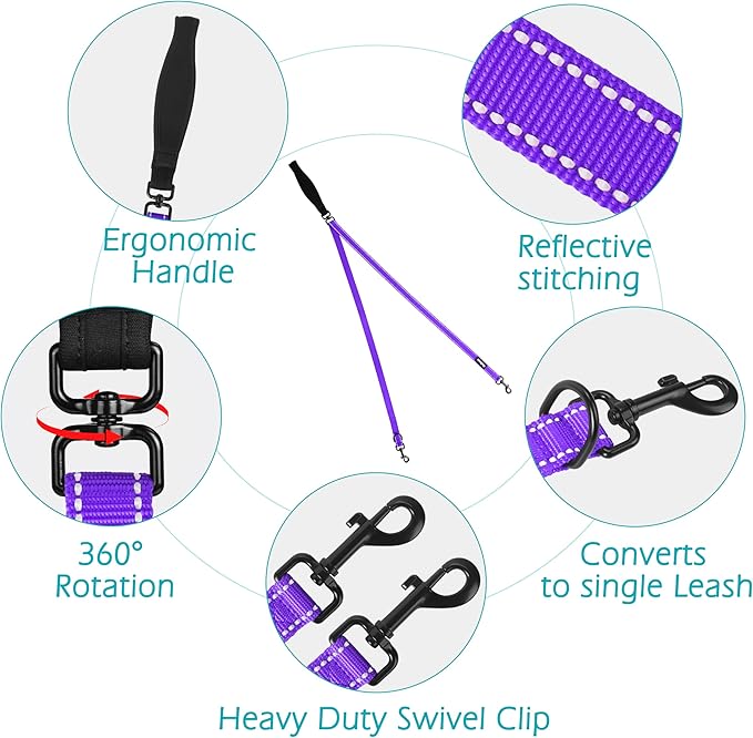 PetBonus Two Point Control Dog Leash, Works with No Pull Harnesses, No Tangle Training Leashes, Soft Padded and Reflective Walking Lead, Converts to Single Lead for Medium Large Dogs (Purple)