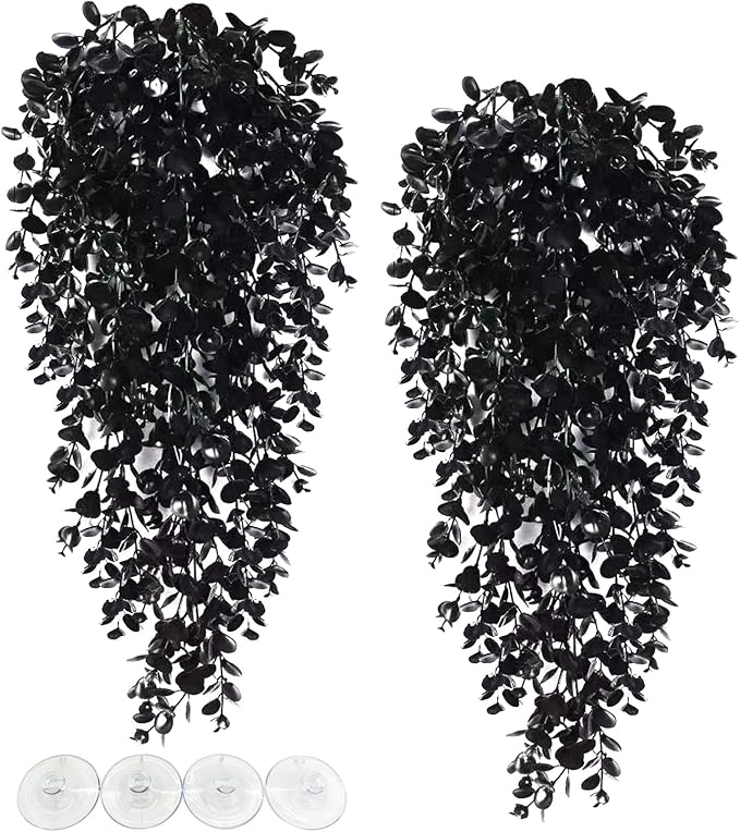 Hamiledyi Reptile Plants, 2 Pack Hanging Terrarium Plants, Artificial Leaves Habitat Decorations with Suction Cup, Fake Amphibian Plants for Bearded Dragon Lizard Hermit Crab Geckos Chameleon(Black)