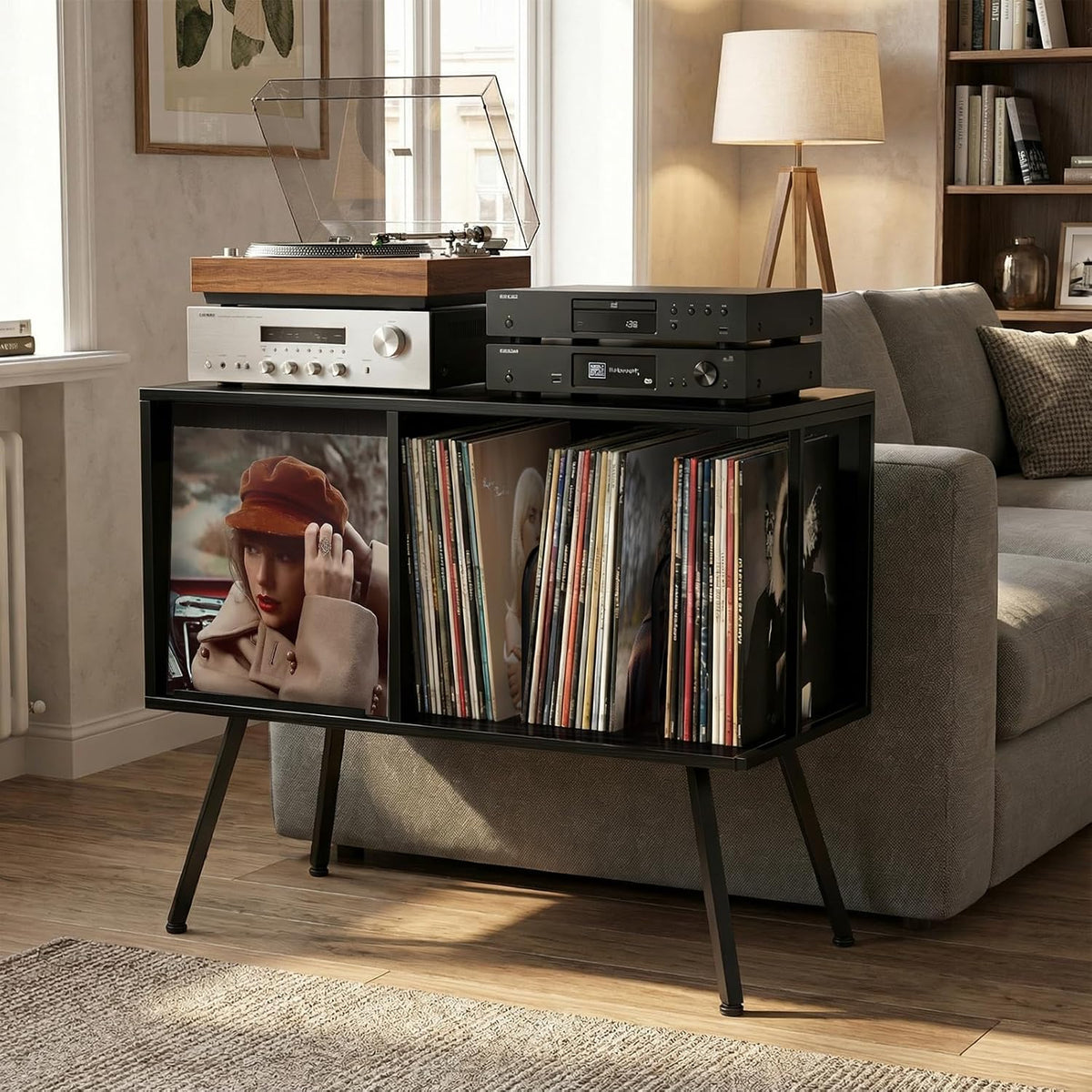 Faesun Record Player Stand with Flip-Down Record Shelf, Black