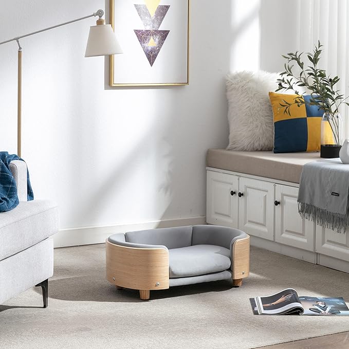 Scandinavian Style Elevated Dog Bed Pet Sofa with Solid Wood Legs and Bent Wood Back, Velvet Cushion, Small Size, Natural Frame & Light Grey Cushion