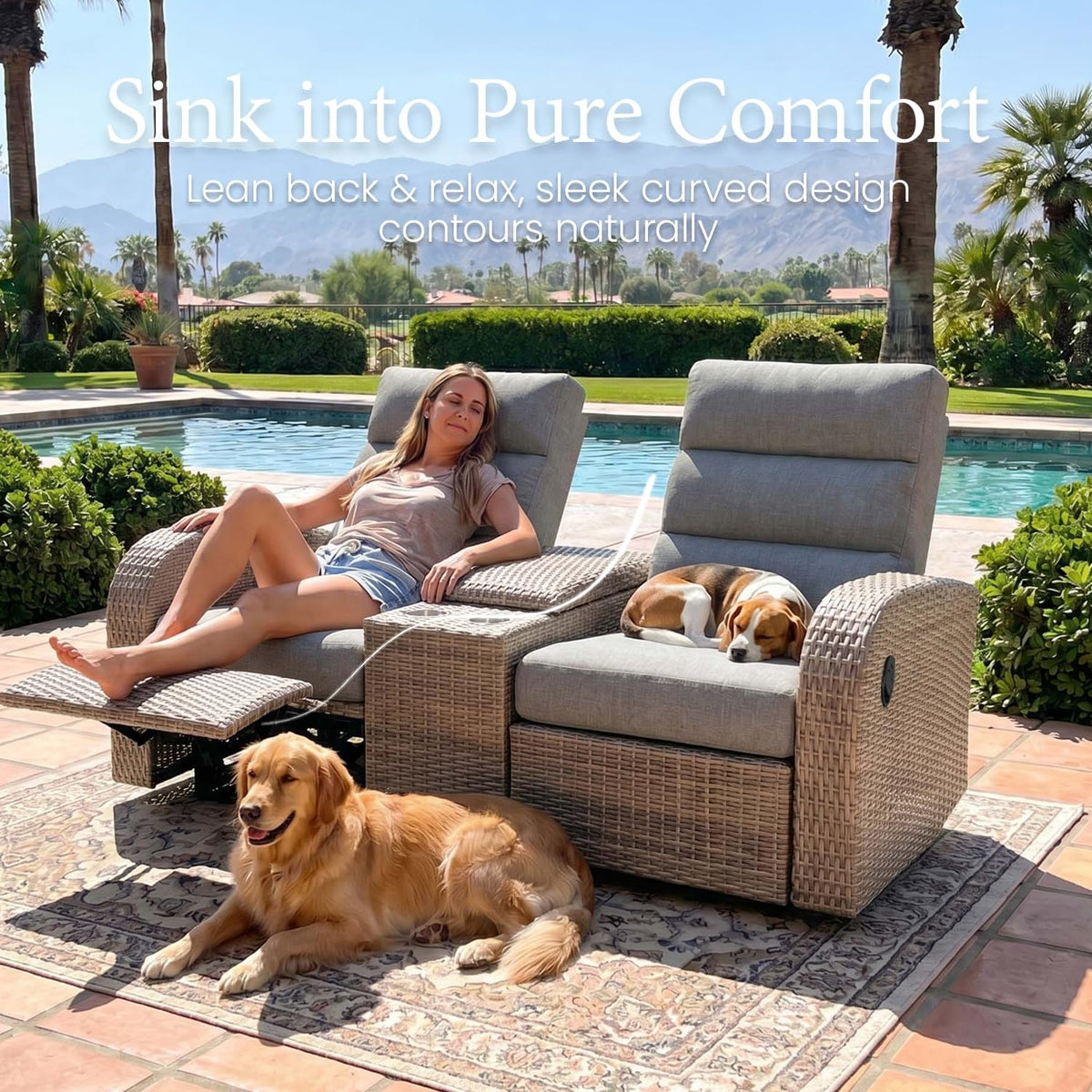 LayinSun Oversized Wicker Outdoor Recliner Lovseat with Adjustable Backrest & Footrest, Patio Reclining Lounge