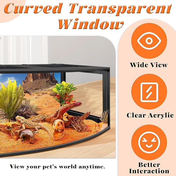 PROLEE Bearded Dragon Tank, Curved Reptile Enclosure with 3-Side Clear Acrylic Panels, Spacious Lizard Tank with Metal Mesh Top and Lockable Door for Reptile Habitat (Black, 48" Length,80 Gallons)