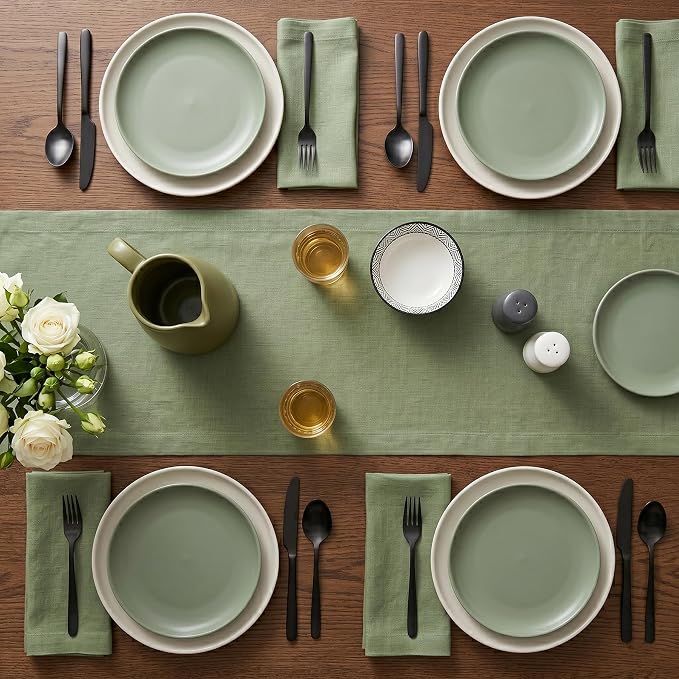 Solino Home 100% Pure Linen Table Runner Oil Green Woven, Fete 14 x 72 in |