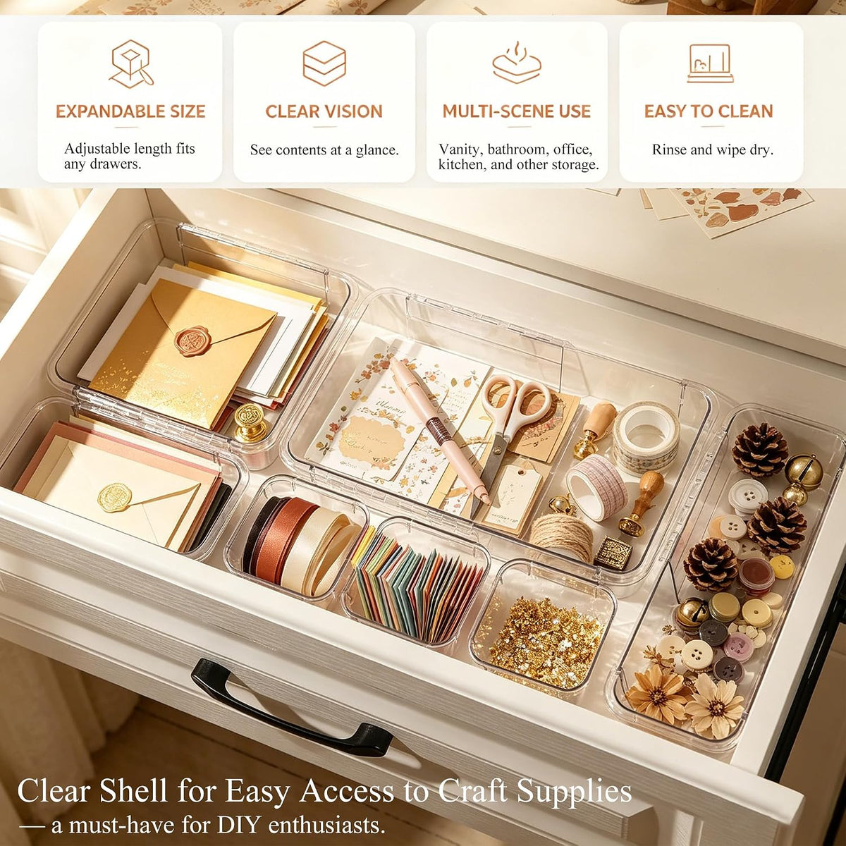 25Pcs Clear Expandable Drawer Organizer Bins for Vanity Desk Bathroom