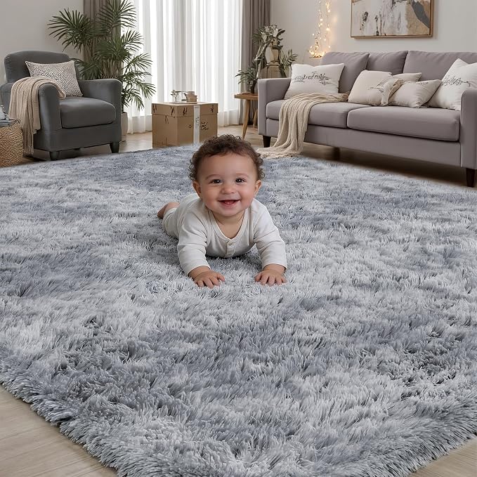Area Rug for Living Room Bedroom: 6x9 Light Grey Soft Fluffy Shag Upgrade